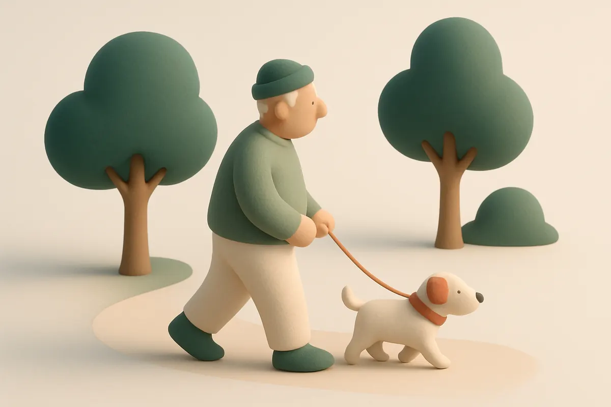 Hombre mayor paseando a un perro pequeño por un sendero del parque