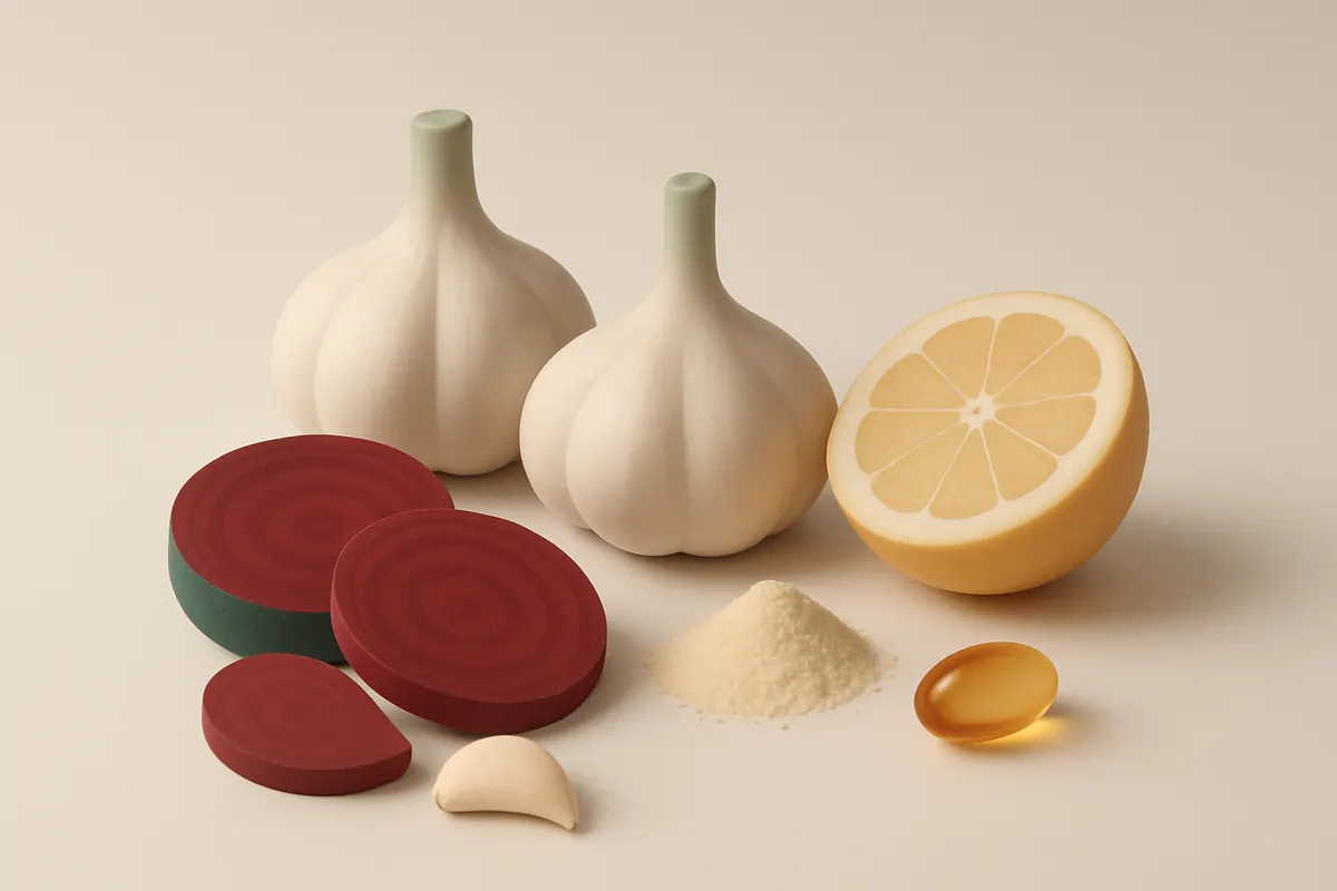 Bulbos de ajo, rodajas de remolacha, medio limón y una gota de aceite de omega 3