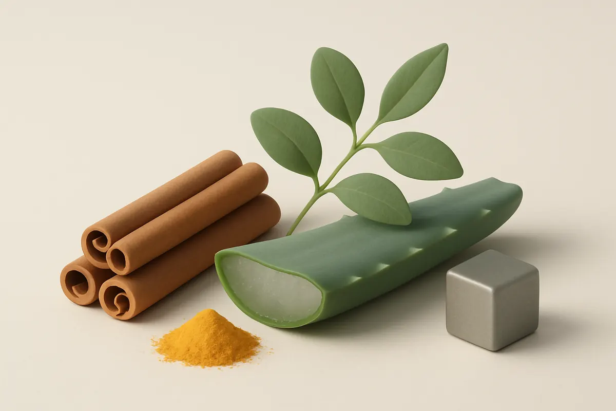 Ramas de canela de Ceylán, hoja de aloe vera abierta, hojas de gymnema y polvo de berberina