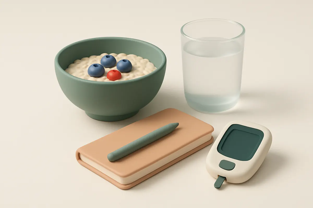 Mesa de desayuno con avena, fruta, un vaso de agua y un medidor de glucosa