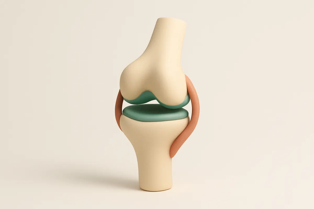 Esquema de una rodilla en corte con el fémur, la tibia y la capa de cartílago entre ambos