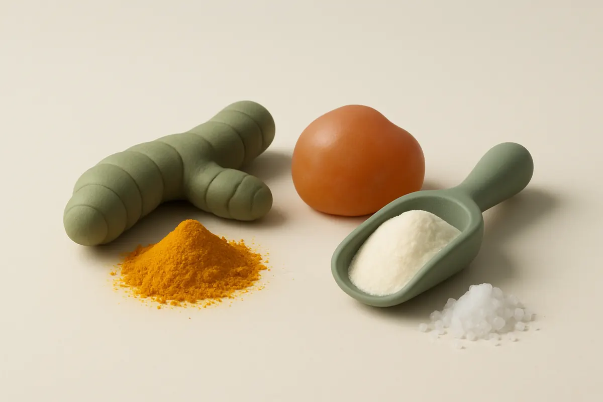 Raíz de cúrcuma, resina de boswellia, colágeno en polvo y cristales de MSM