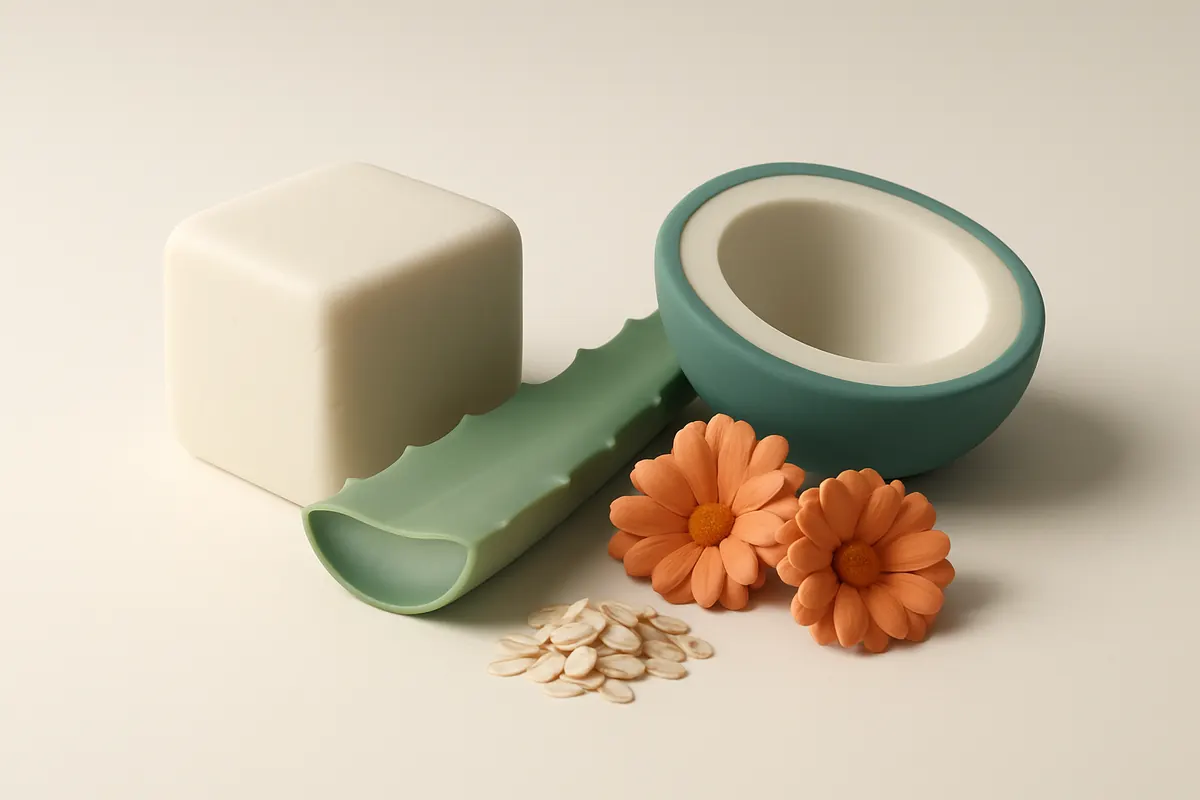 Manteca de karité, hoja de aloe abierta, medio coco, flores de caléndula y avena