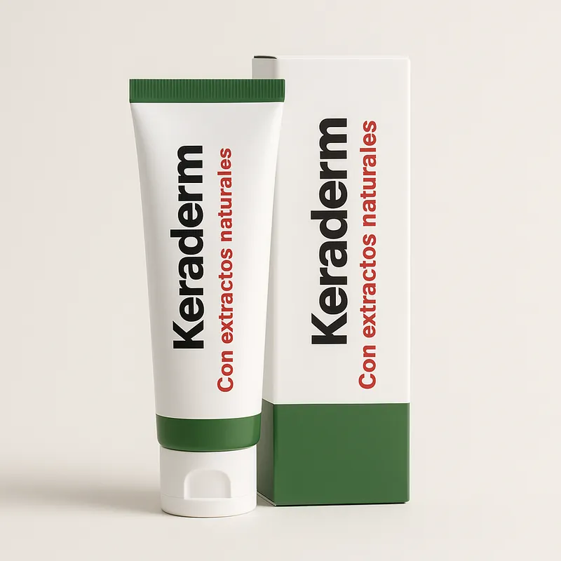 Tubo y estuche de Keraderm+, crema de manos y pies de 30 ml, sobre fondo claro