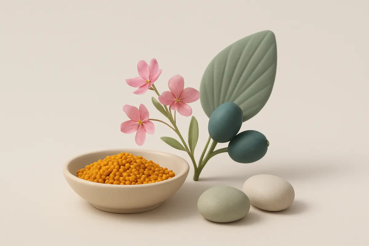 Polen de abeja en un plato, flores de epilobio, bayas de saw palmetto y piedras de zinc y selenio