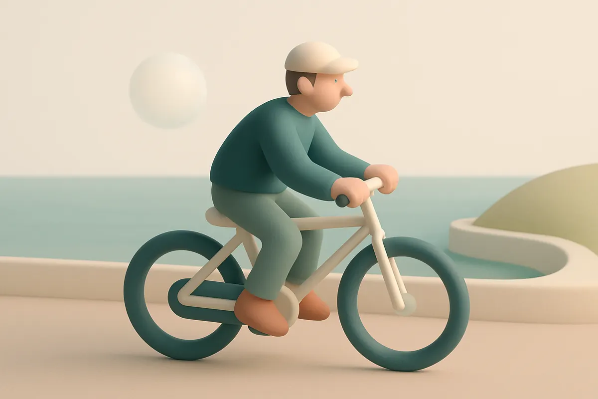Hombre andando en bicicleta por un camino costero al amanecer