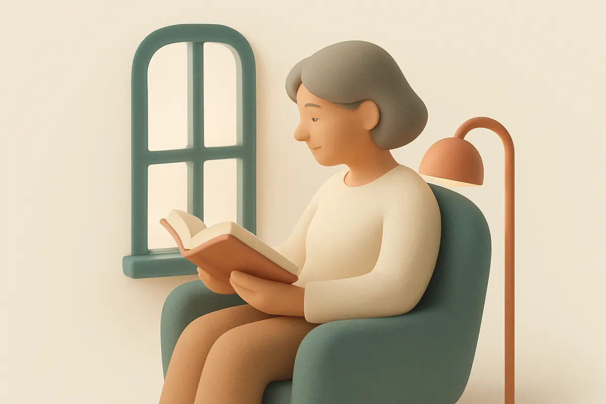 Mujer leyendo un libro en un sillón junto a la ventana con luz de día