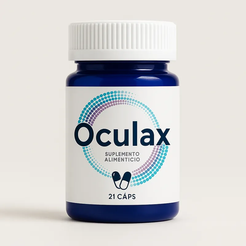 Envase de Oculax, 21 cápsulas, sobre fondo claro