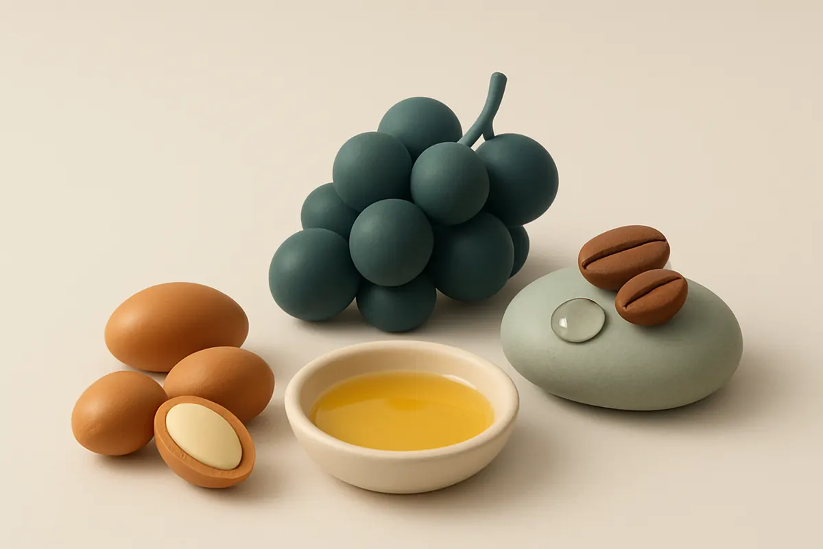 Nueces de argán junto a su aceite, uvas oscuras, granos de café y una gota de serum