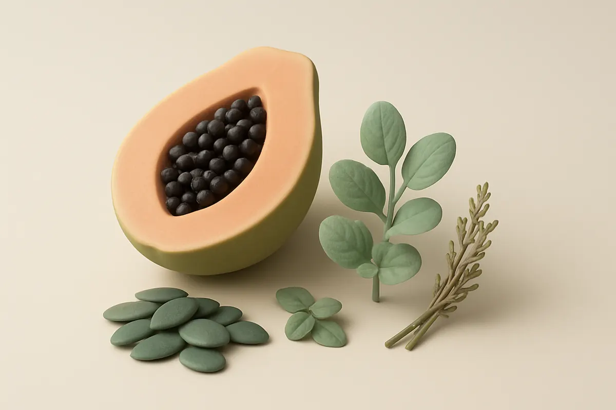 Media papaya con sus semillas negras, semillas de zapallo, menta fresca y paico seco