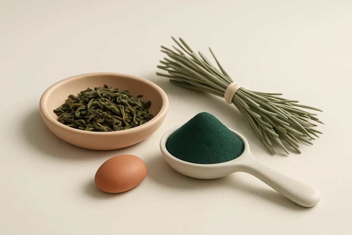 Hojas de té verde en un plato, una cucharada de espirulina en polvo y hercampuri seco