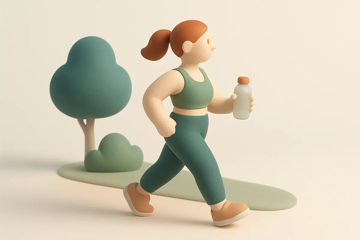 Mujer caminando a paso rápido por un sendero del parque con una botella de agua