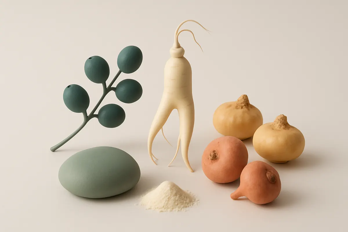 Bayas de saw palmetto, raíz de ginseng, raíces de maca y una piedra de zinc