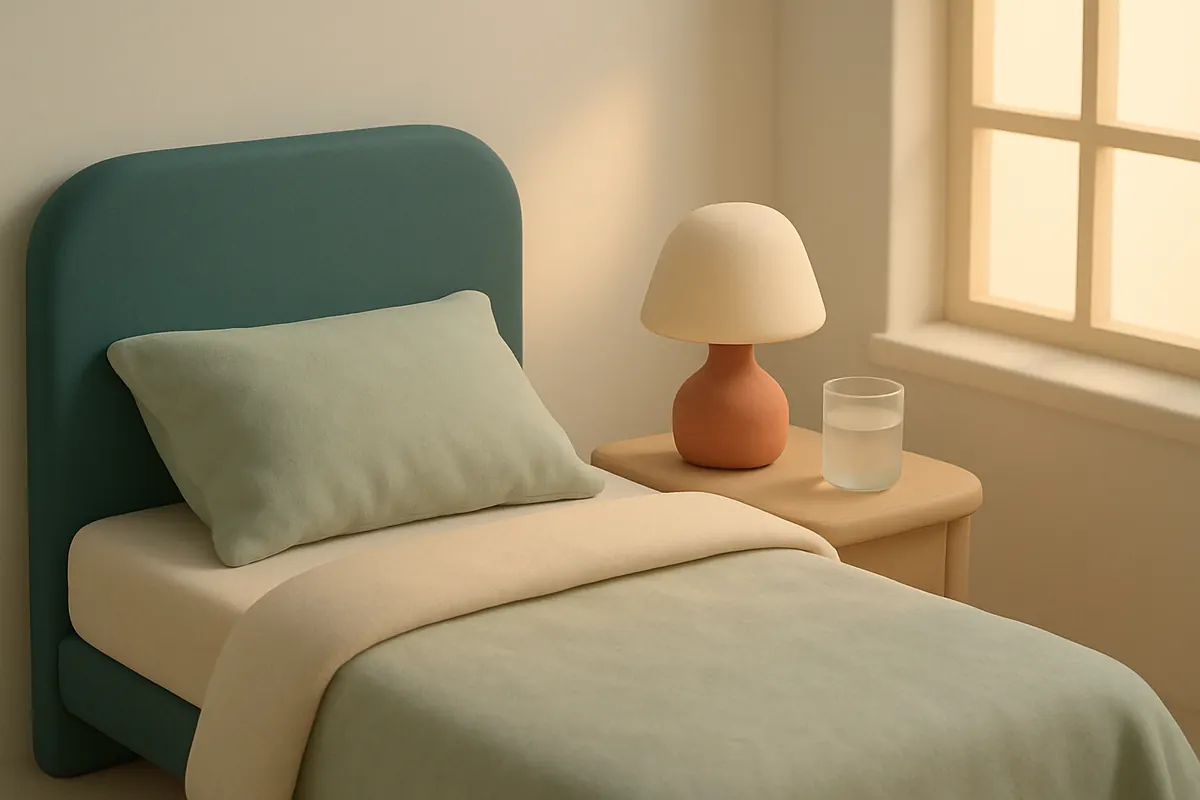 Dormitorio al amanecer con la cama hecha y una mesa de noche junto a la ventana