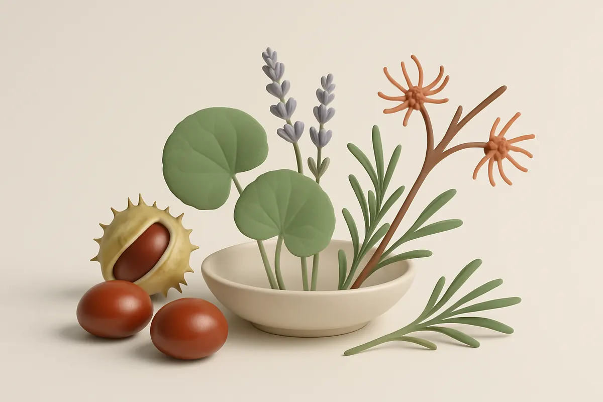 Castañas de indias, ramas de lavanda y romero, hojas de centella asiática y hamamelis