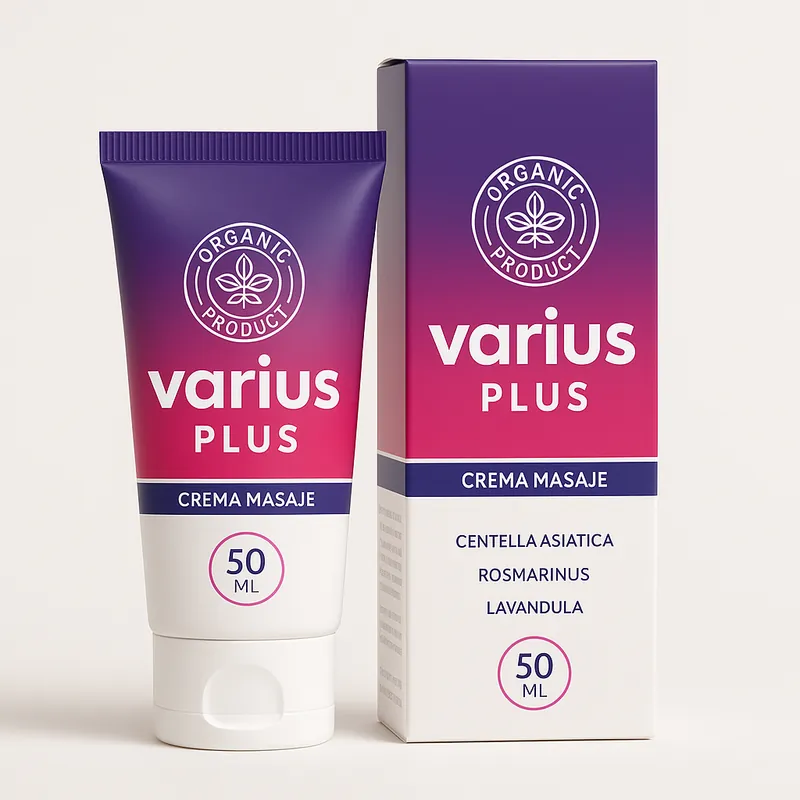 Tubo y estuche de Varius Plus, crema de masaje de 50 ml, sobre fondo claro
