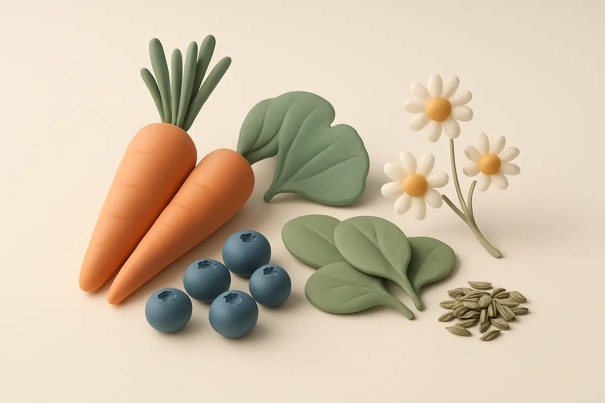 Zanahorias, arándanos, espinaca, una hoja de ginkgo, manzanilla y semillas de hinojo