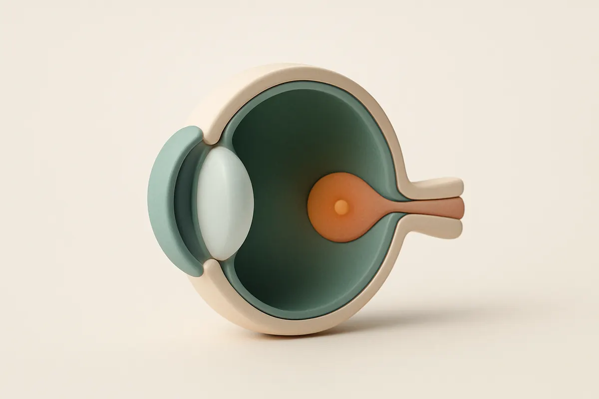 Corte del ojo con la córnea, el cristalino y la retina con la mácula marcada
