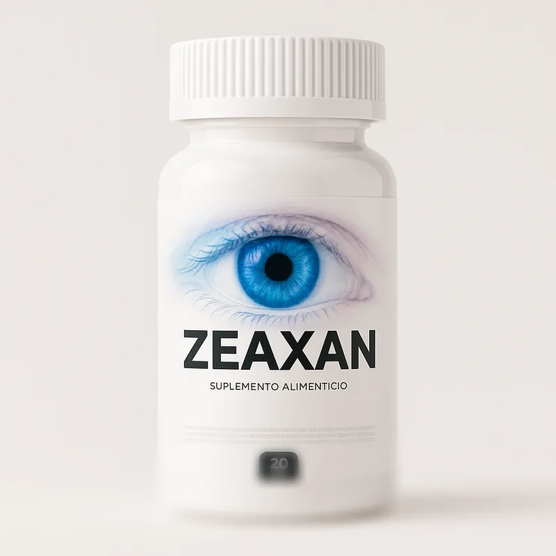 Envase de Zeaxan, 20 cápsulas, sobre fondo claro